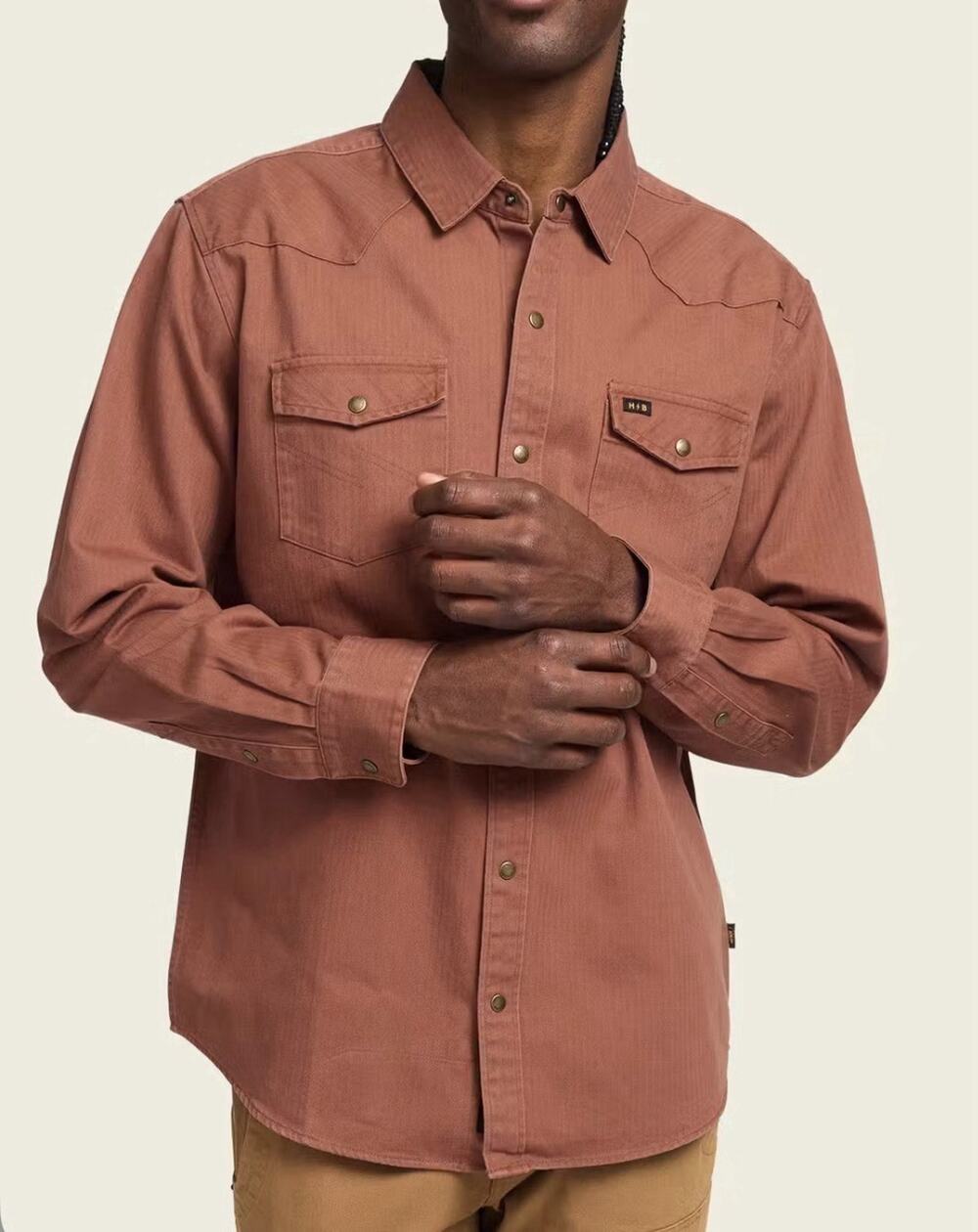 Howler Bros Shirt Large Brown Herringbone Long Sleeve Snap Western Twill A010806